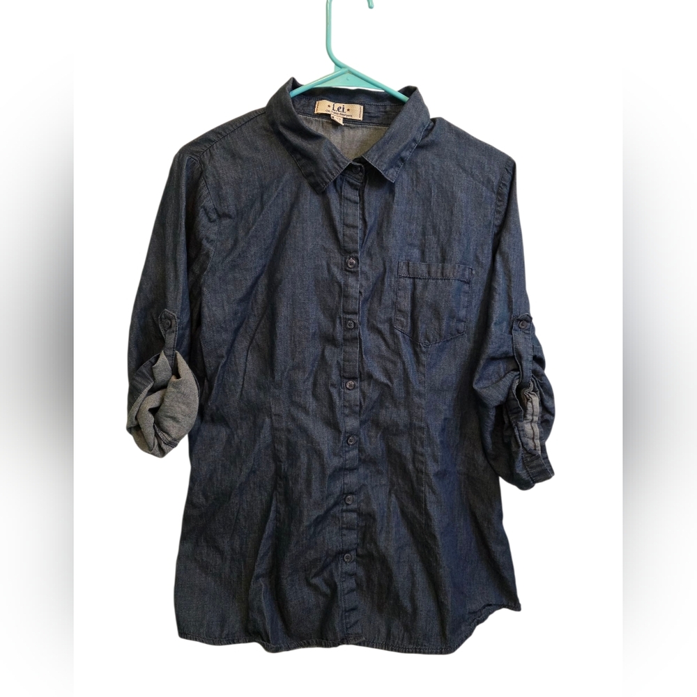 L.e.i Y2k Button-Up Cinched Back Denim 100% Cotton Shirt 3/4 Sleeve Size XL